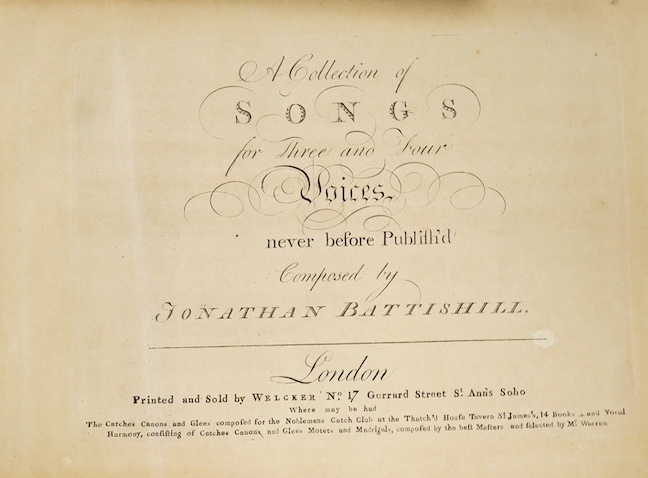 Apollonian Harmony: a collection of celebrated glees, catches, madrigals ... vols. II, III, IV and VI; engraved titles and frontispieces; contemp. calf backed marbled boards, 4to. printed for S.A. and P. Thompson, (ca.17